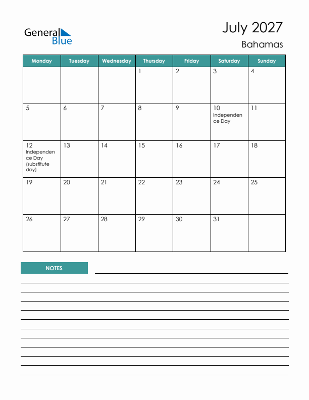 Calendar with Notes Printable - Monday Start