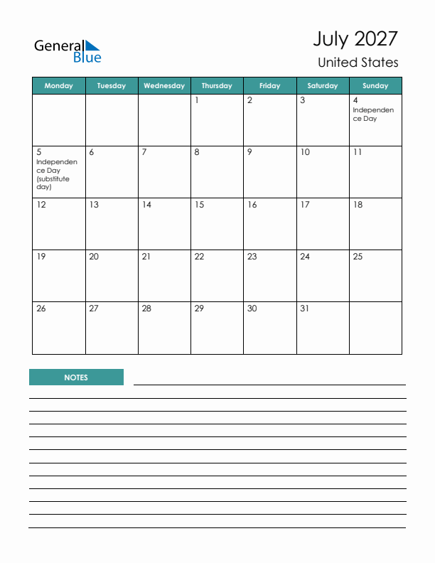 Calendar with Notes Printable - Monday Start