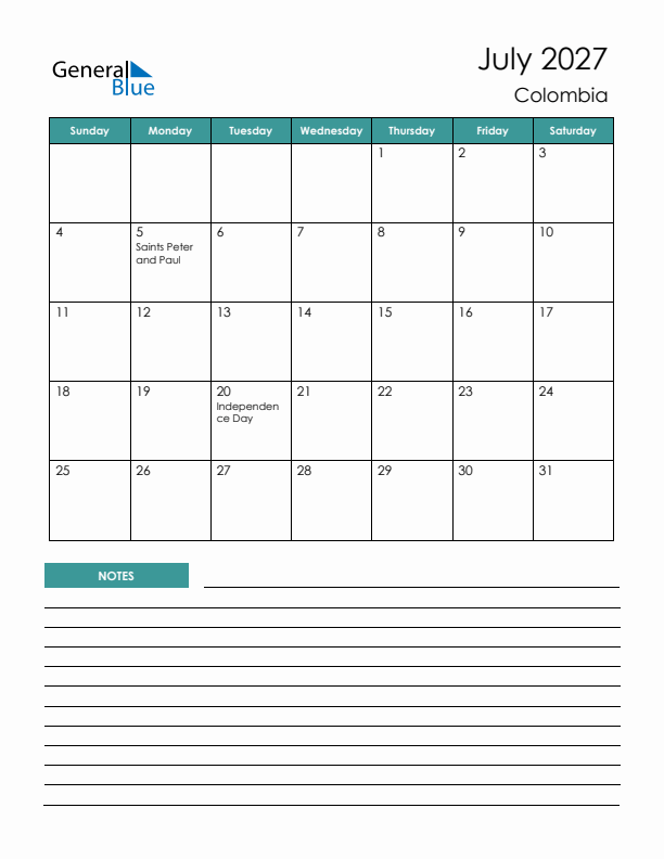 Calendar with Notes Printable - Sunday Start