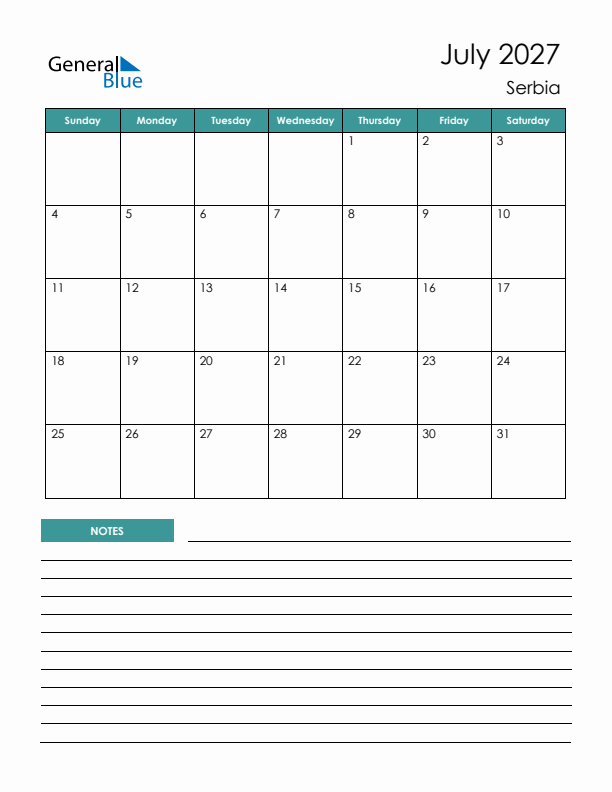 Calendar with Notes Printable - Sunday Start