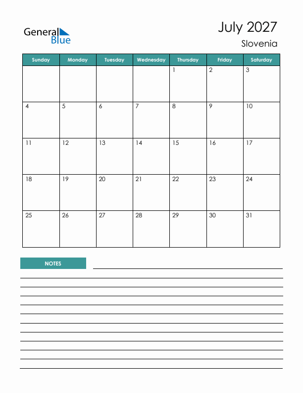 Calendar with Notes Printable - Sunday Start