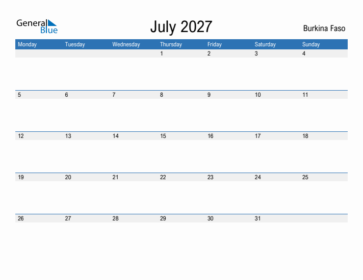 Fillable July 2027 Calendar