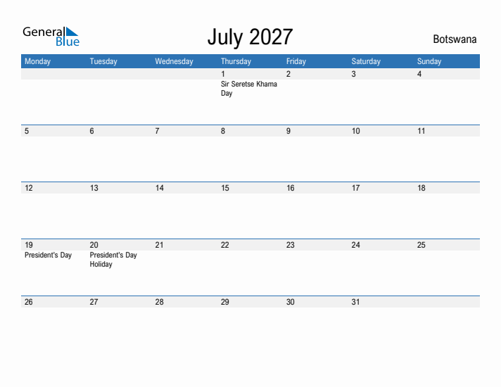 Fillable July 2027 Calendar