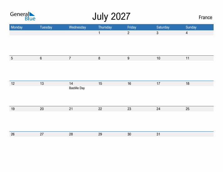 Fillable July 2027 Calendar