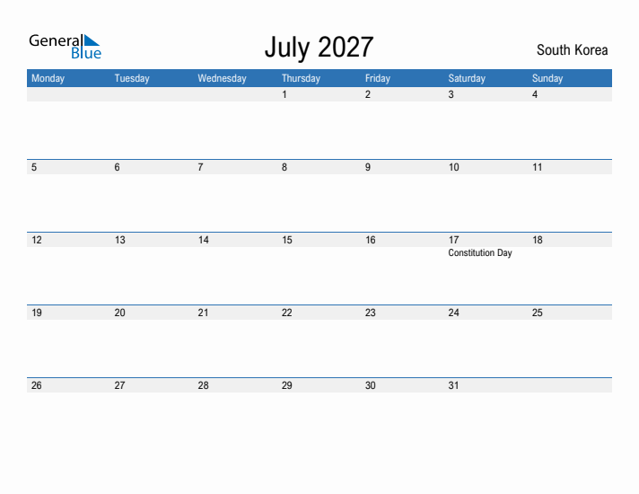 Fillable July 2027 Calendar