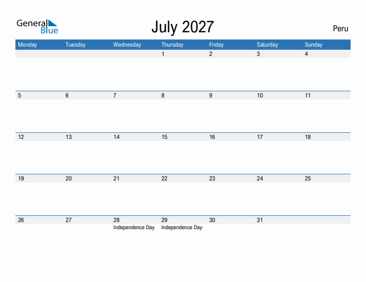 Fillable July 2027 Calendar