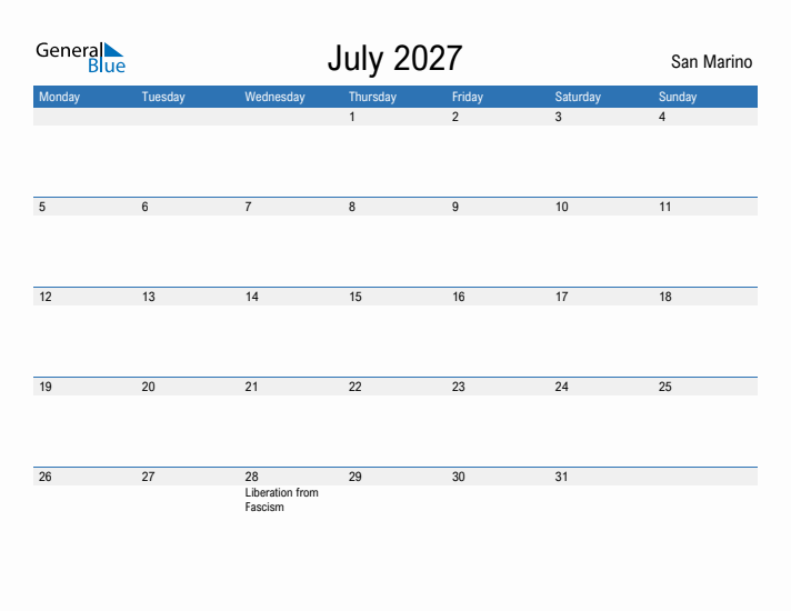 Fillable July 2027 Calendar