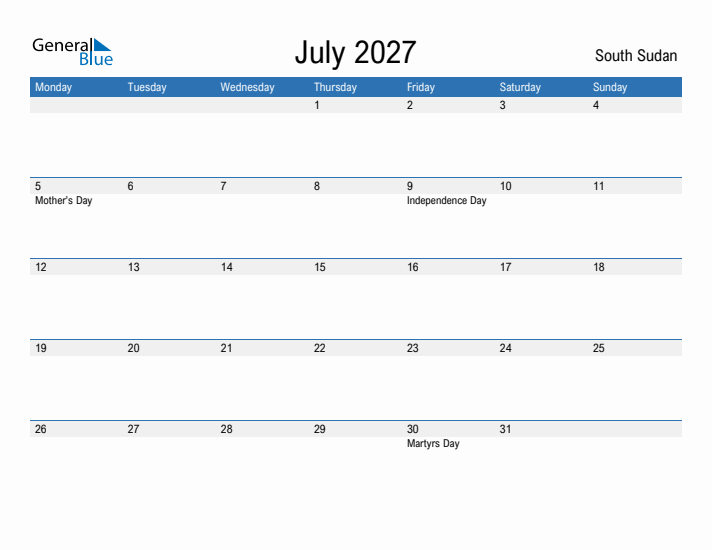 Fillable July 2027 Calendar