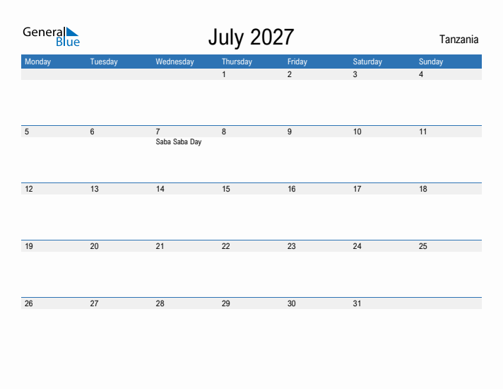 Fillable July 2027 Calendar