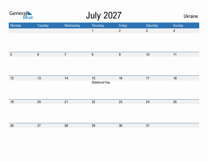 Fillable July 2027 Calendar