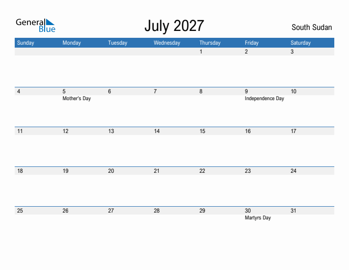 Fillable July 2027 Calendar