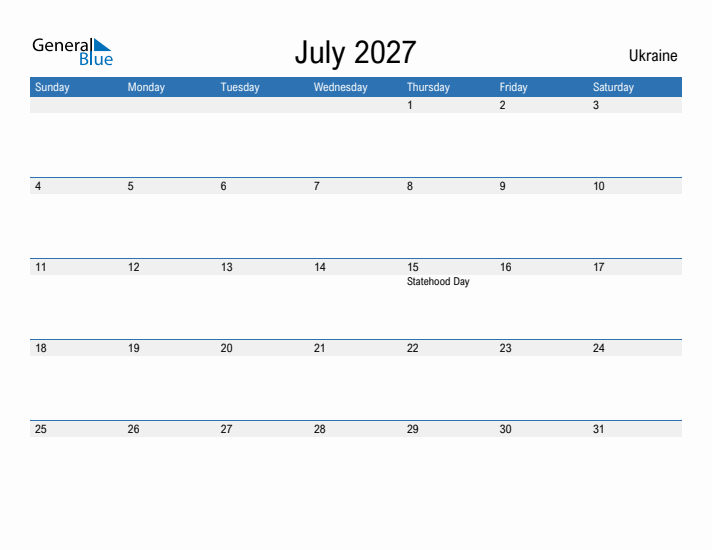 Fillable July 2027 Calendar