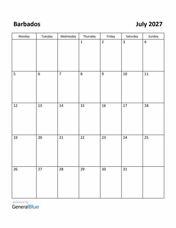 July 2027 Calendar with Barbados Holidays