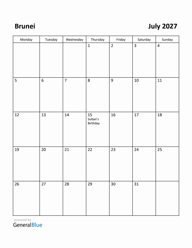 July 2027 Calendar with Brunei Holidays