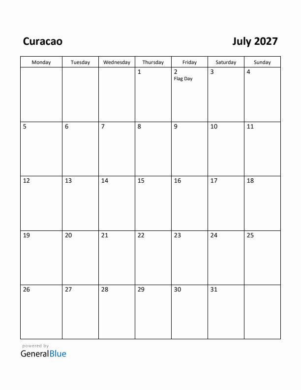 July 2027 Calendar with Curacao Holidays