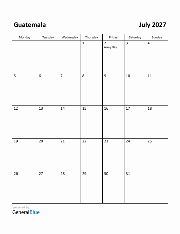 July 2027 Calendar with Guatemala Holidays