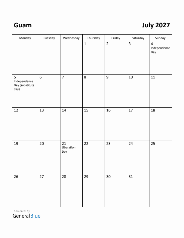 July 2027 Calendar with Guam Holidays