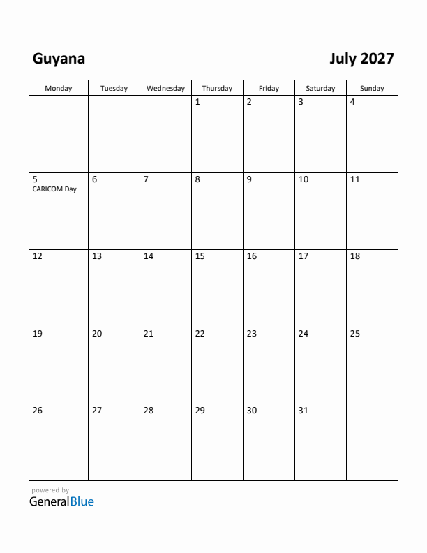 July 2027 Calendar with Guyana Holidays