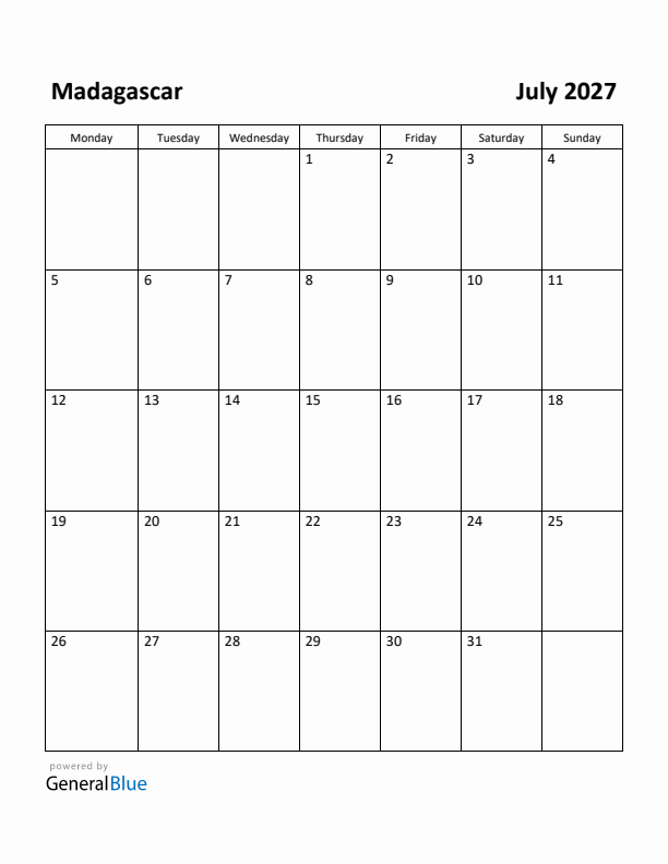 July 2027 Calendar with Madagascar Holidays