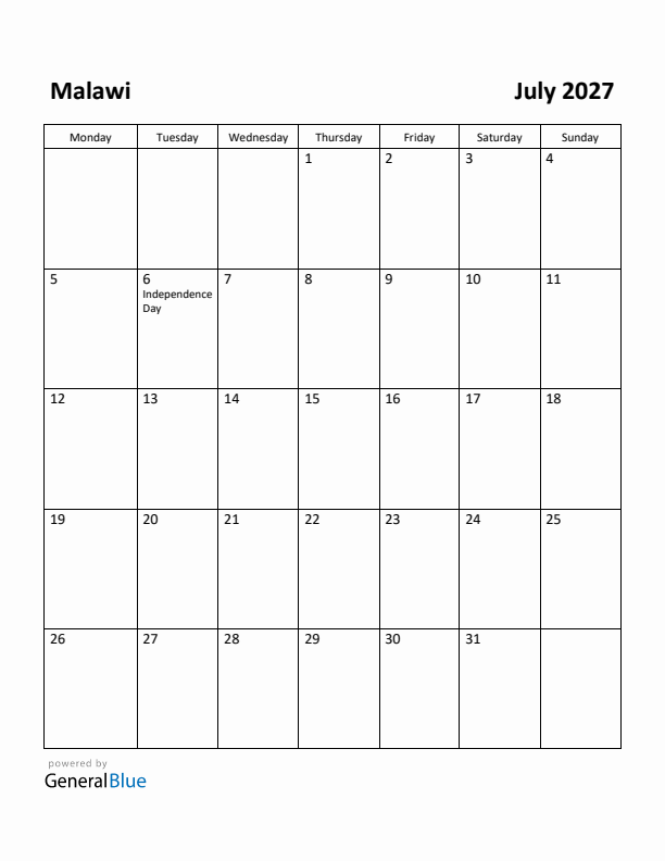 July 2027 Calendar with Malawi Holidays