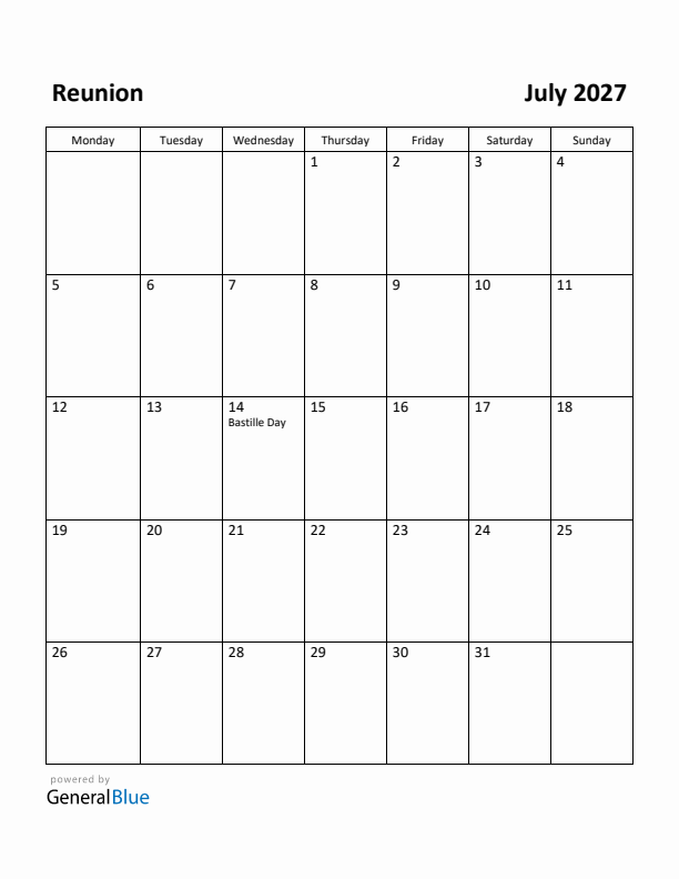 July 2027 Calendar with Reunion Holidays