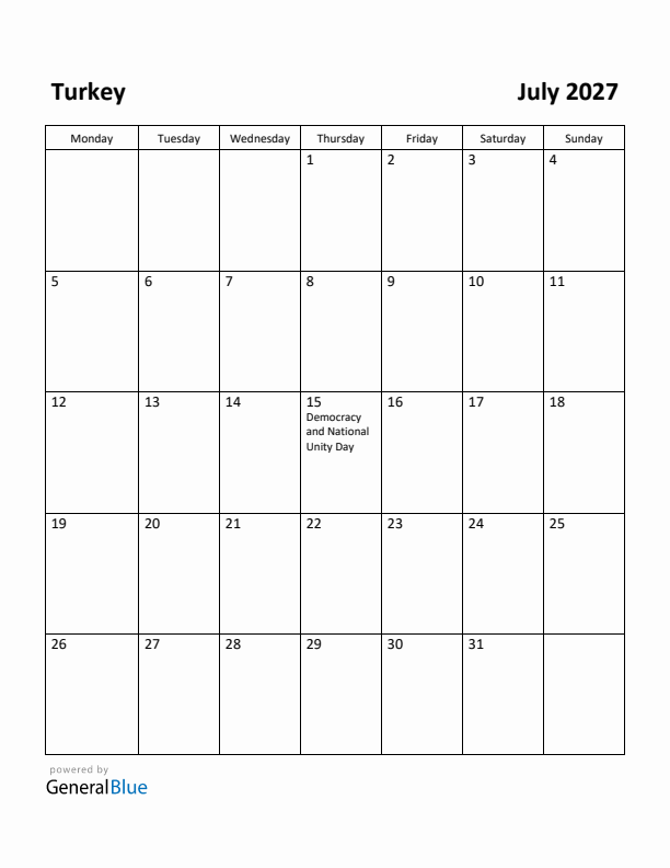 July 2027 Calendar with Turkey Holidays