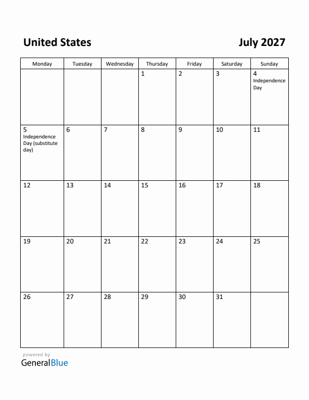 July 2027 Calendar with United States Holidays