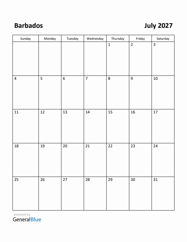 July 2027 Calendar with Barbados Holidays