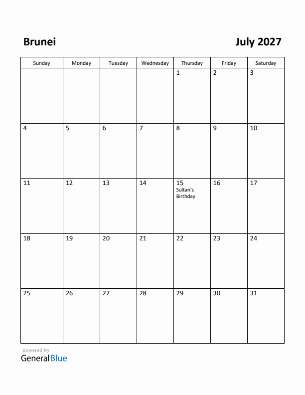 July 2027 Calendar with Brunei Holidays