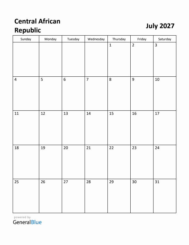 July 2027 Calendar with Central African Republic Holidays