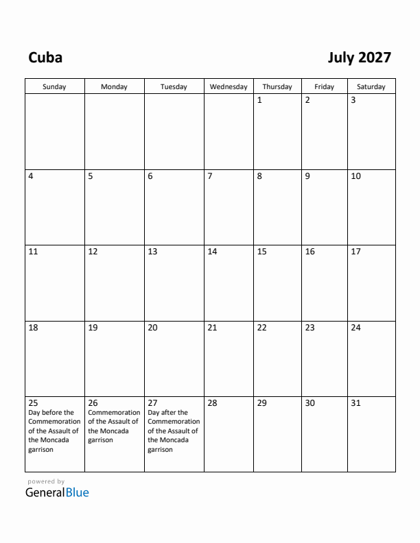 July 2027 Calendar with Cuba Holidays