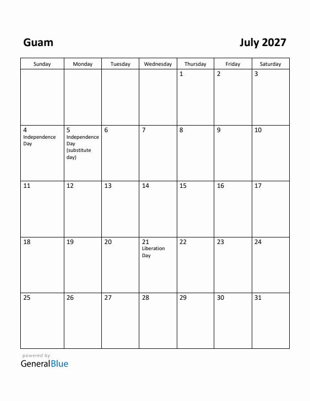 July 2027 Calendar with Guam Holidays