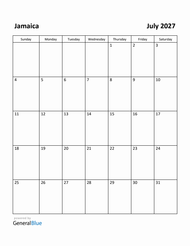 July 2027 Calendar with Jamaica Holidays