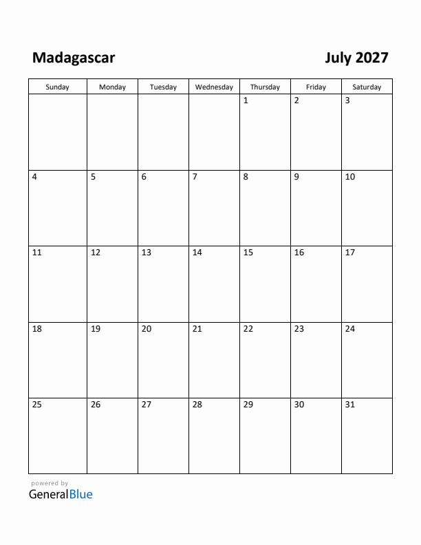 July 2027 Calendar with Madagascar Holidays