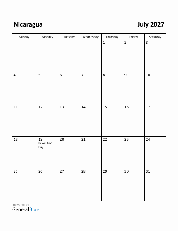 July 2027 Calendar with Nicaragua Holidays