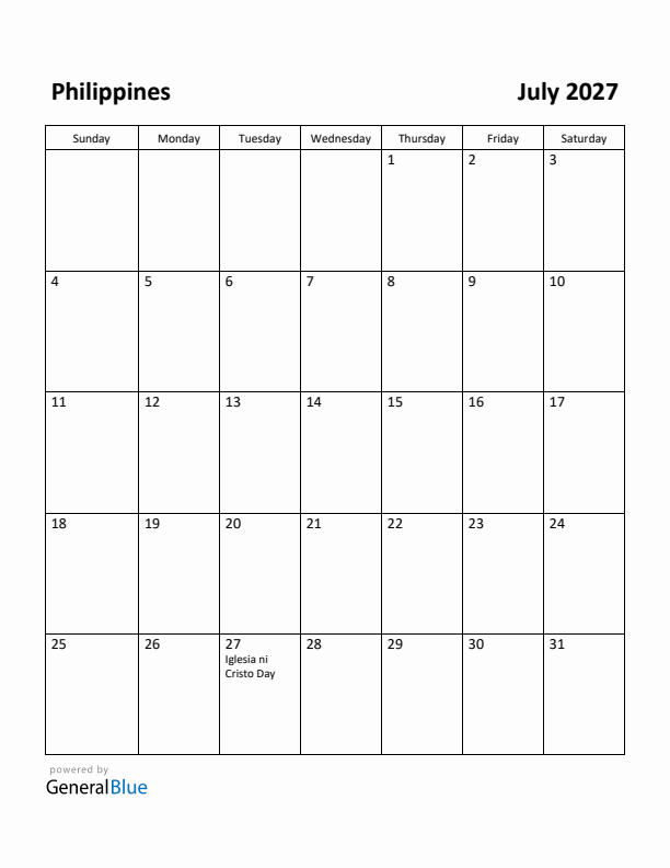 July 2027 Calendar with Philippines Holidays