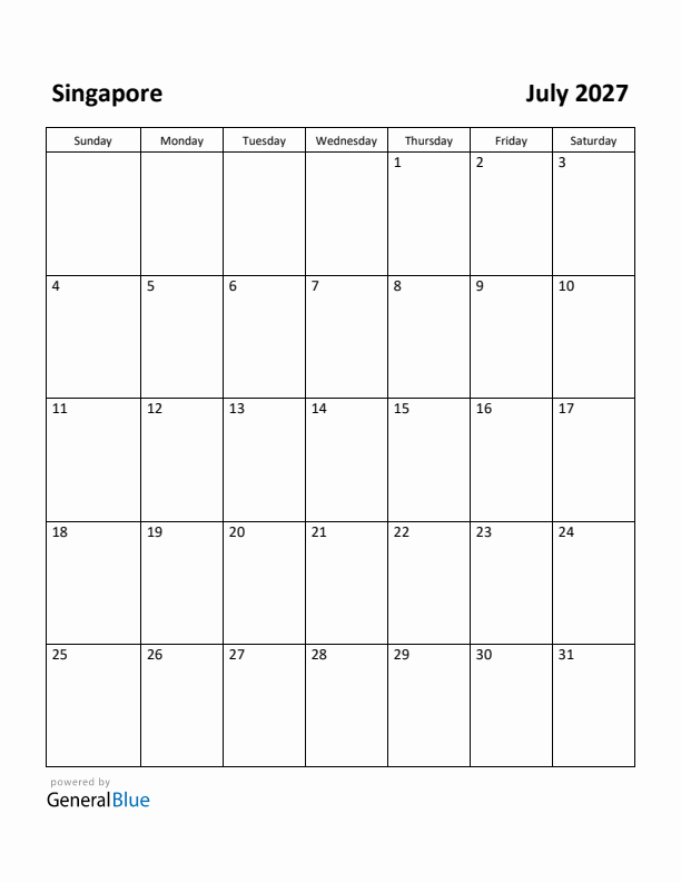 July 2027 Calendar with Singapore Holidays