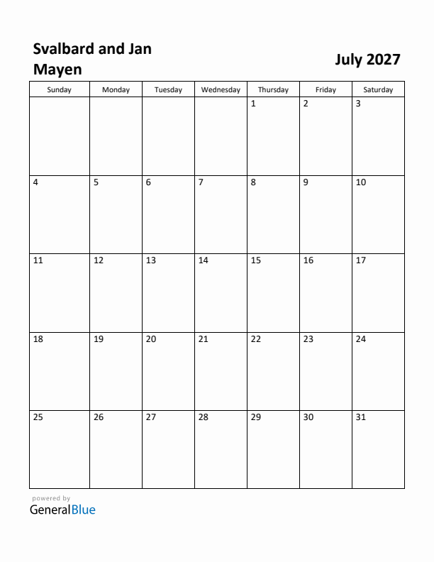 July 2027 Calendar with Svalbard and Jan Mayen Holidays