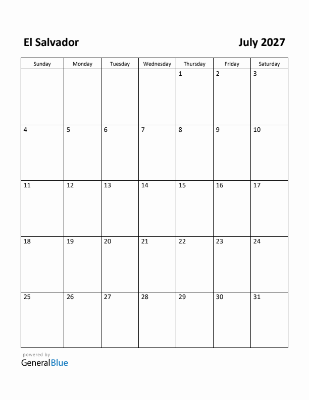 July 2027 Calendar with El Salvador Holidays