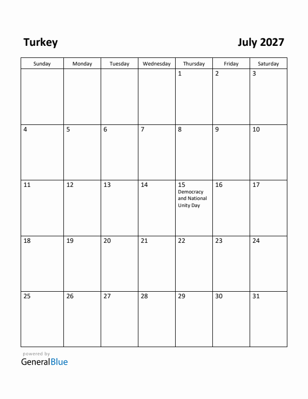 July 2027 Calendar with Turkey Holidays