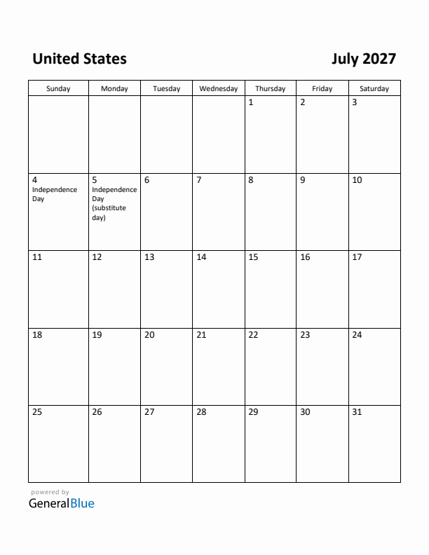 July 2027 Calendar with United States Holidays