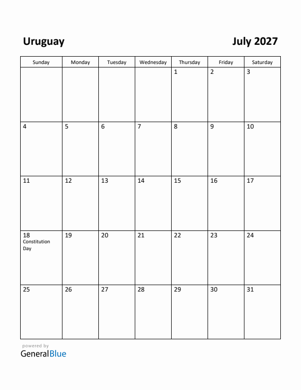 July 2027 Calendar with Uruguay Holidays