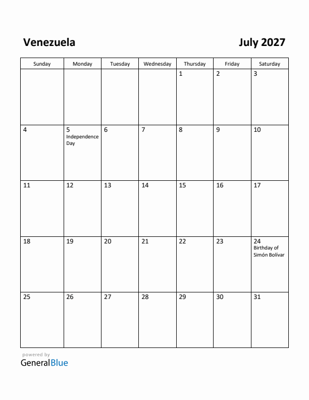 July 2027 Calendar with Venezuela Holidays