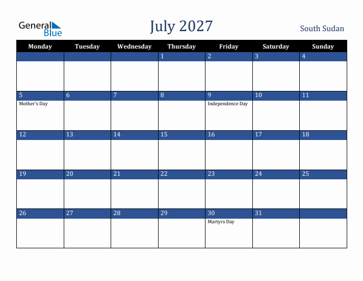 July 2027 South Sudan Calendar (Monday Start)