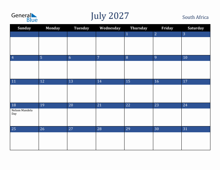 July 2027 South Africa Calendar (Sunday Start)