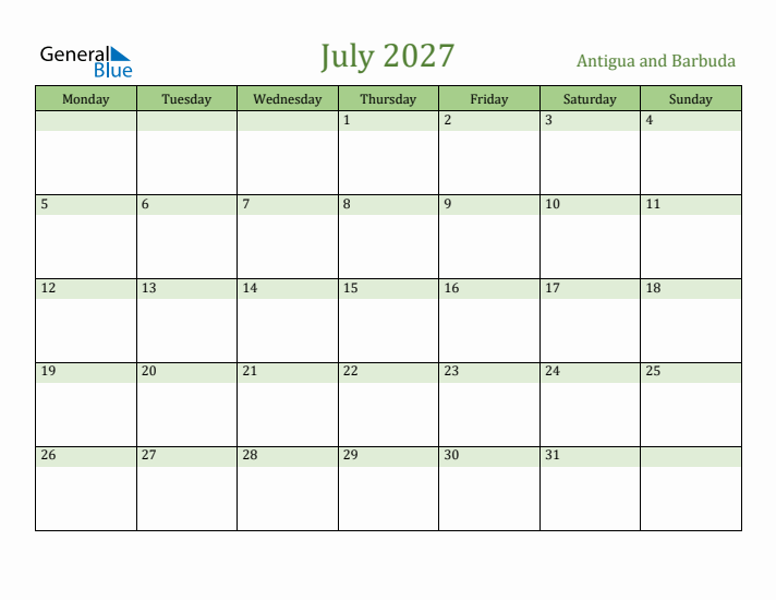 July 2027 Calendar with Antigua and Barbuda Holidays