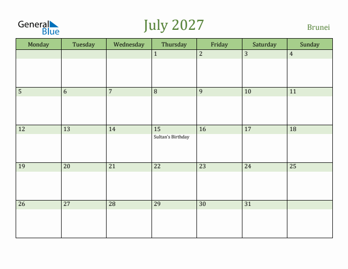 July 2027 Calendar with Brunei Holidays