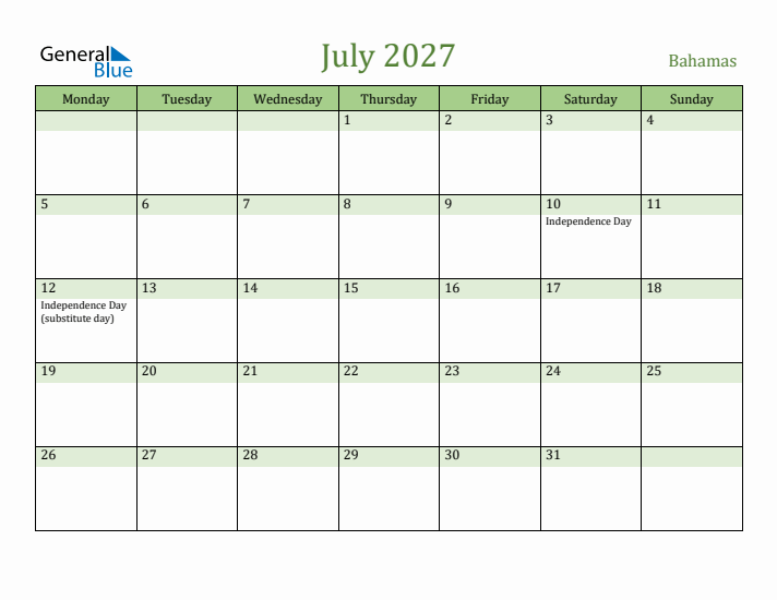 July 2027 Calendar with Bahamas Holidays