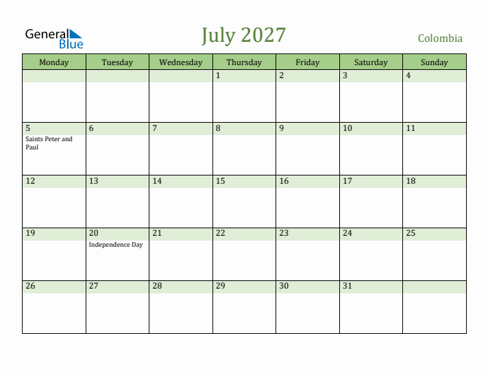 July 2027 Calendar with Colombia Holidays