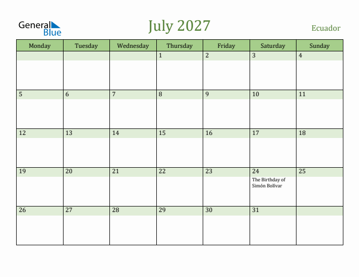 July 2027 Calendar with Ecuador Holidays